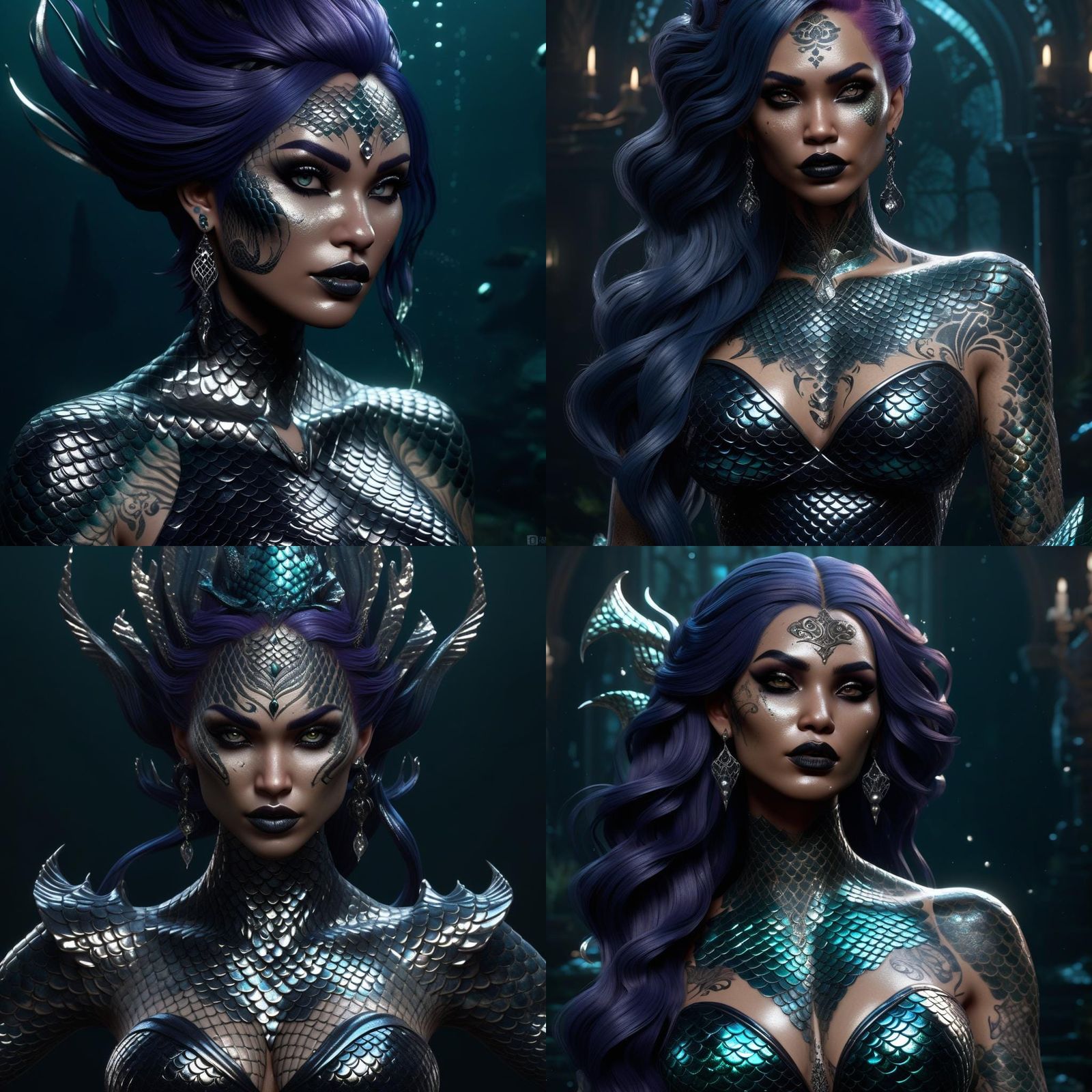 Gothic Mermaid with Intricate Tattoos in Digital Art