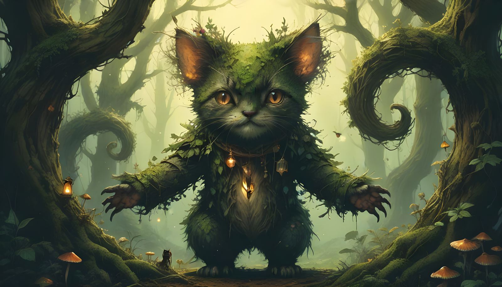 Mystical Witch Girl and Feline Friend by Enchanted Tree at T...