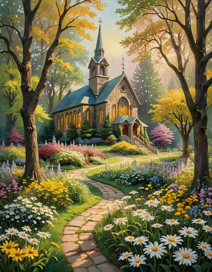 Impressionistic Country Church with Stained Glass