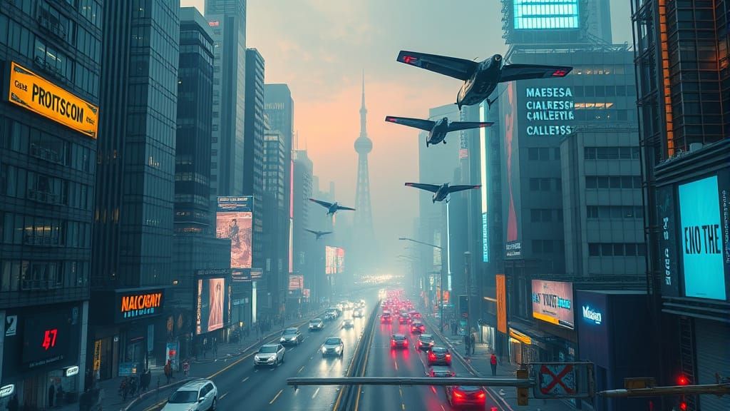 Cyberpunk Cityscape with Flying Cars and Neon Lights