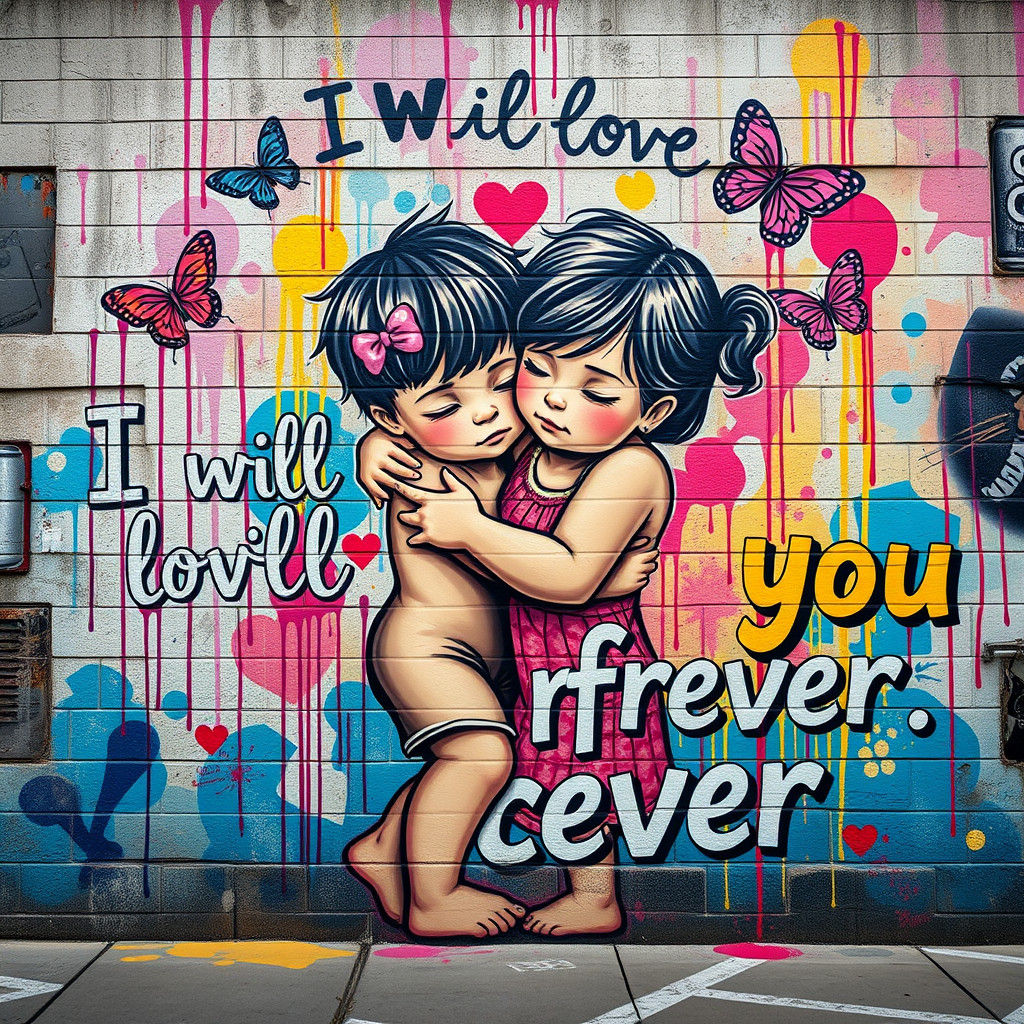Street Art Mural: Children Embracing, Graffiti Elements