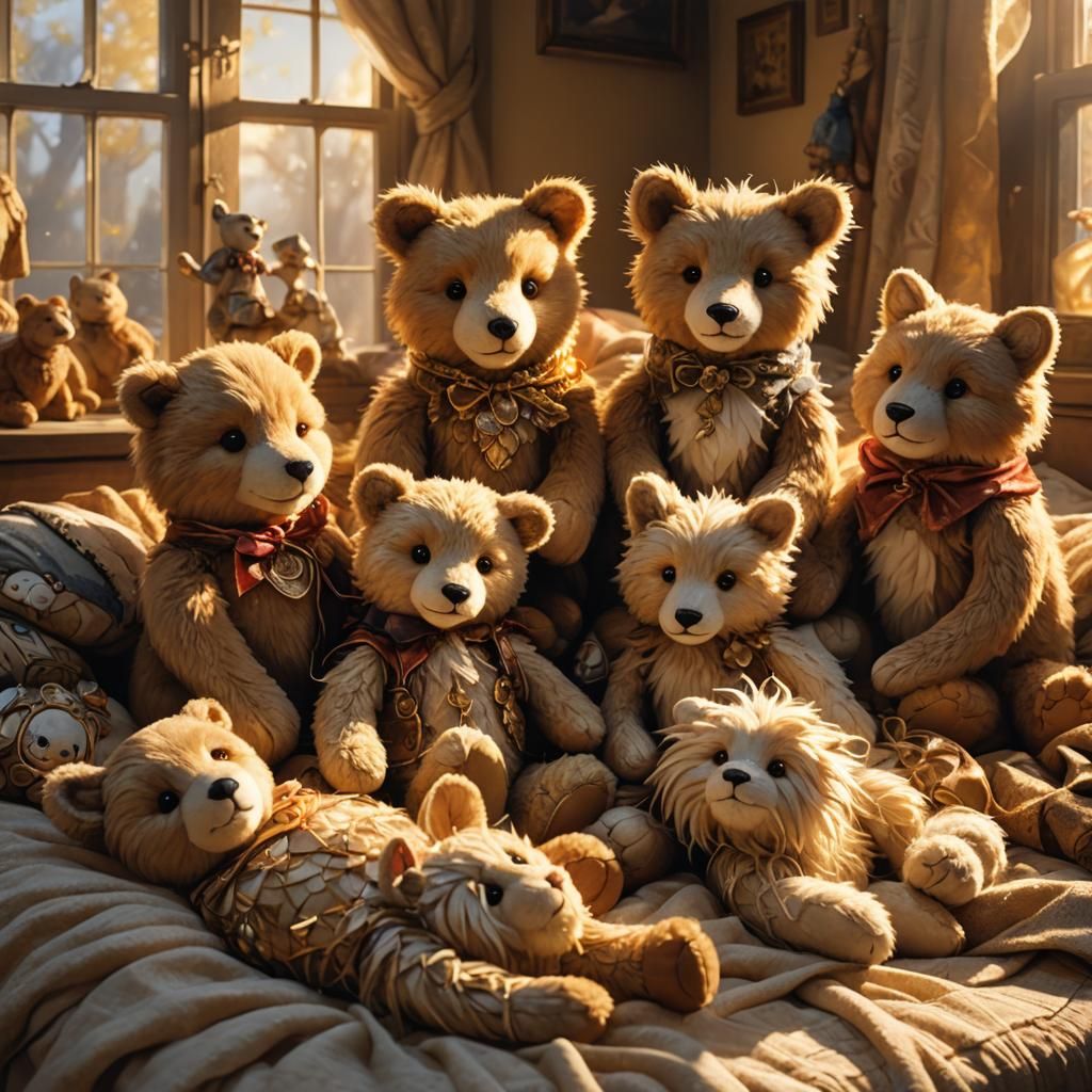 Whimsical Stuffed Animals in Golden Light