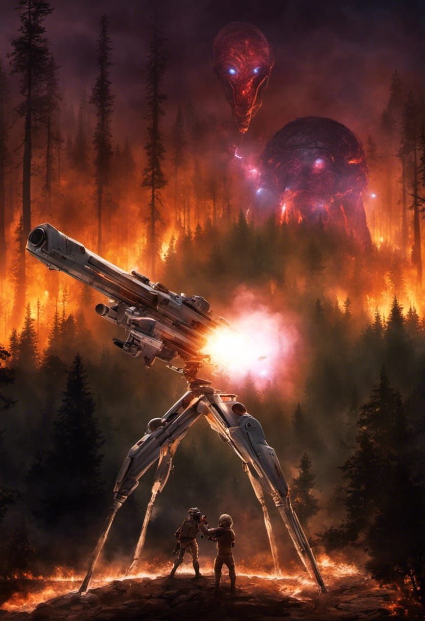 Alien War Machine Engulfs Forest in Flames