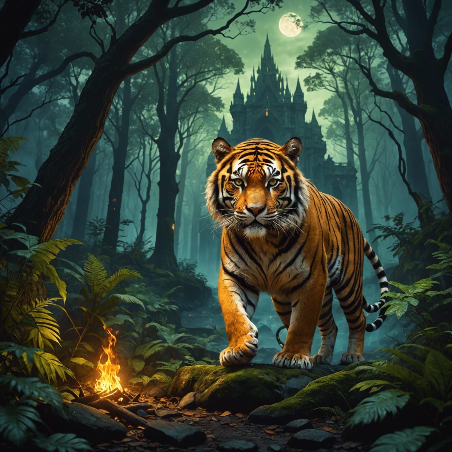 Burning Tiger in Forest, Fantasy Concept Art