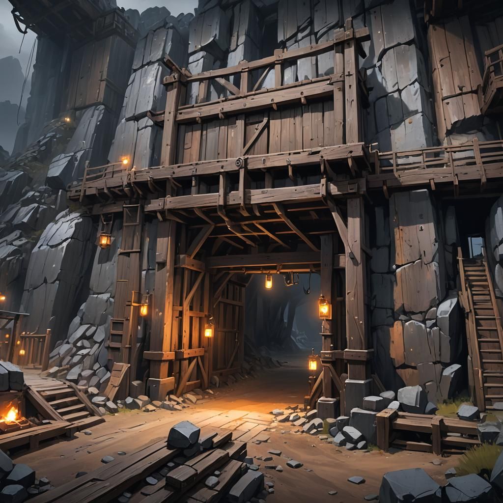 Gothic Mine Entrance in Dark Gray Mountainscape