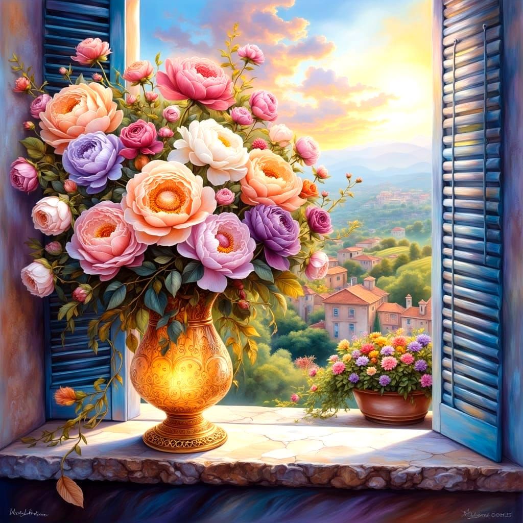 Majestic Crystal Vase with Lush Floral Arrangement and Breat...