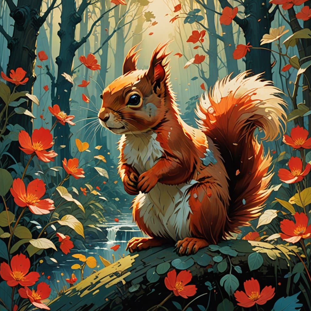an adorable cute Squirrel wearing feathers :: gorgeous red bushy tail :: Edwin Landeer :: Pino Daeni :: professional maj...