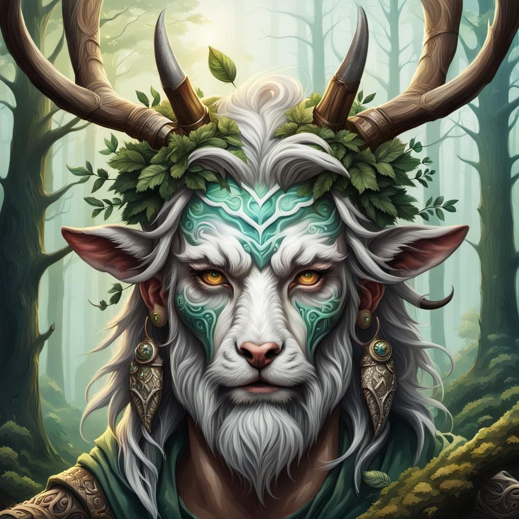 Hyperrealistic Druid with Antlers in Forest