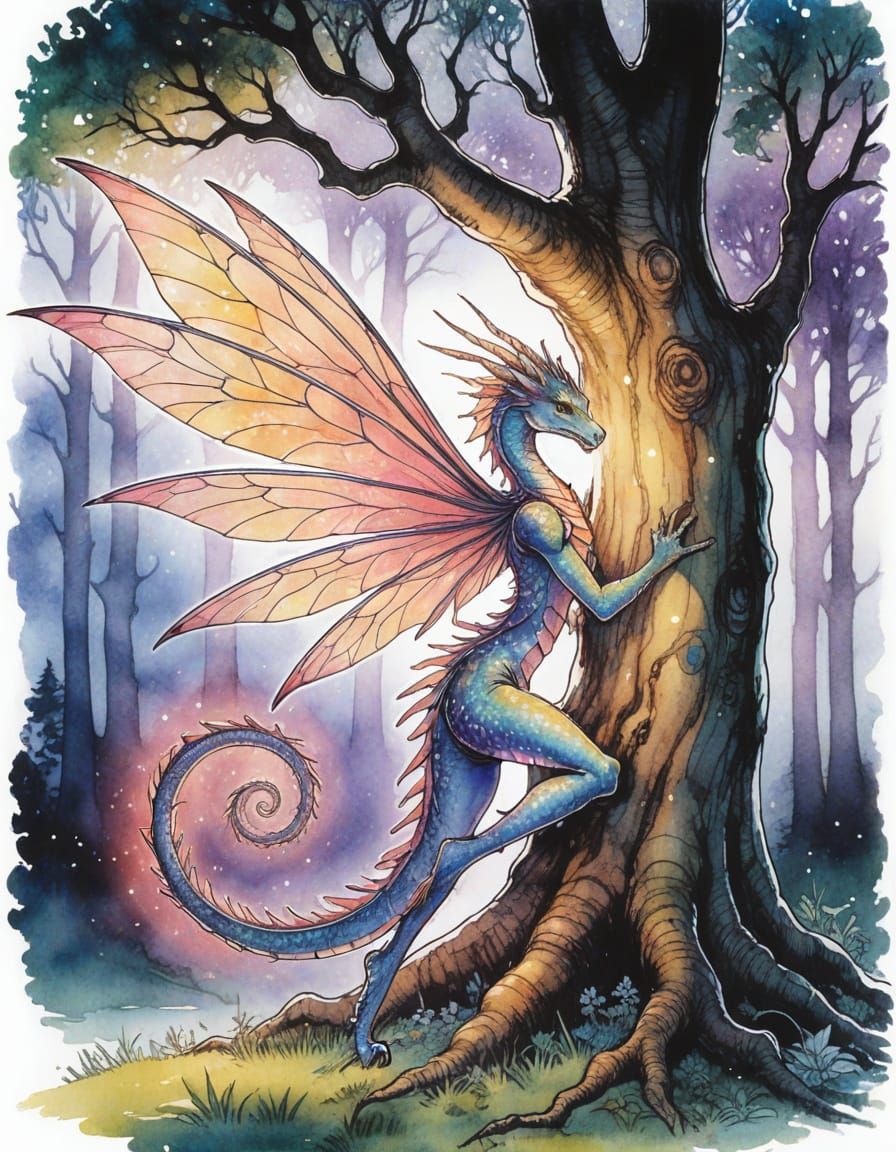 Celestial Dragon Fairy in Enchanted Forest: Watercolor Art