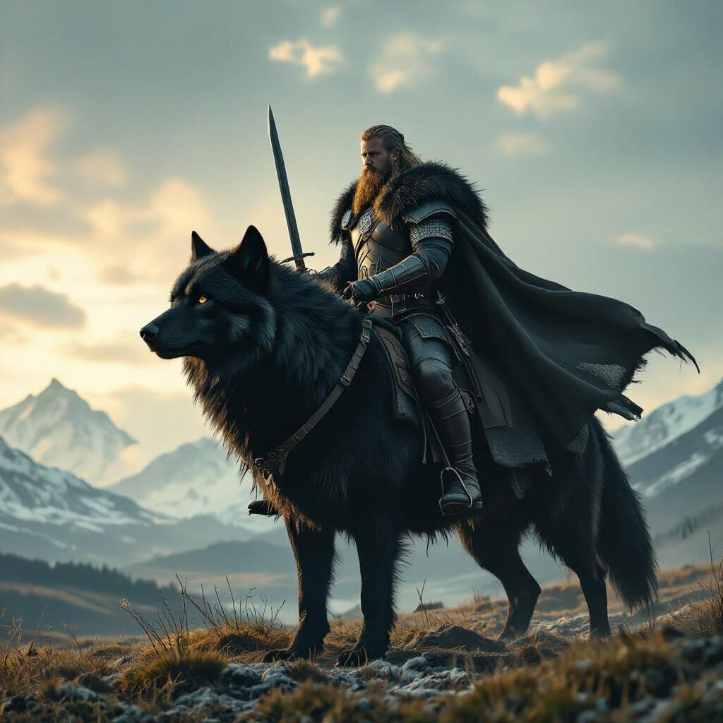 Viking Warrior Rides a Majestic Black Wolf