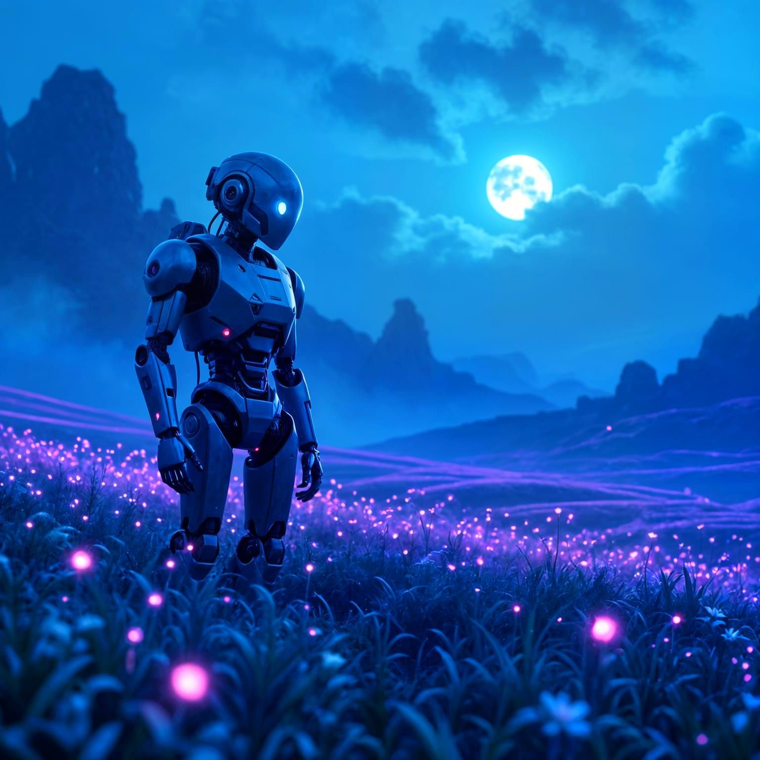Weathered Robot in Bioluminescent Alien Field Concept Art