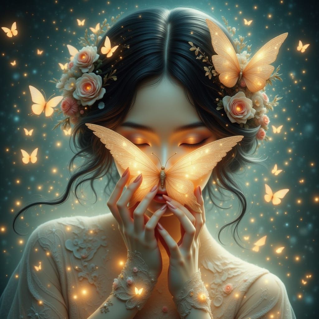 Ethereal Woman with Glowing Butterfly in Art Nouveau Style