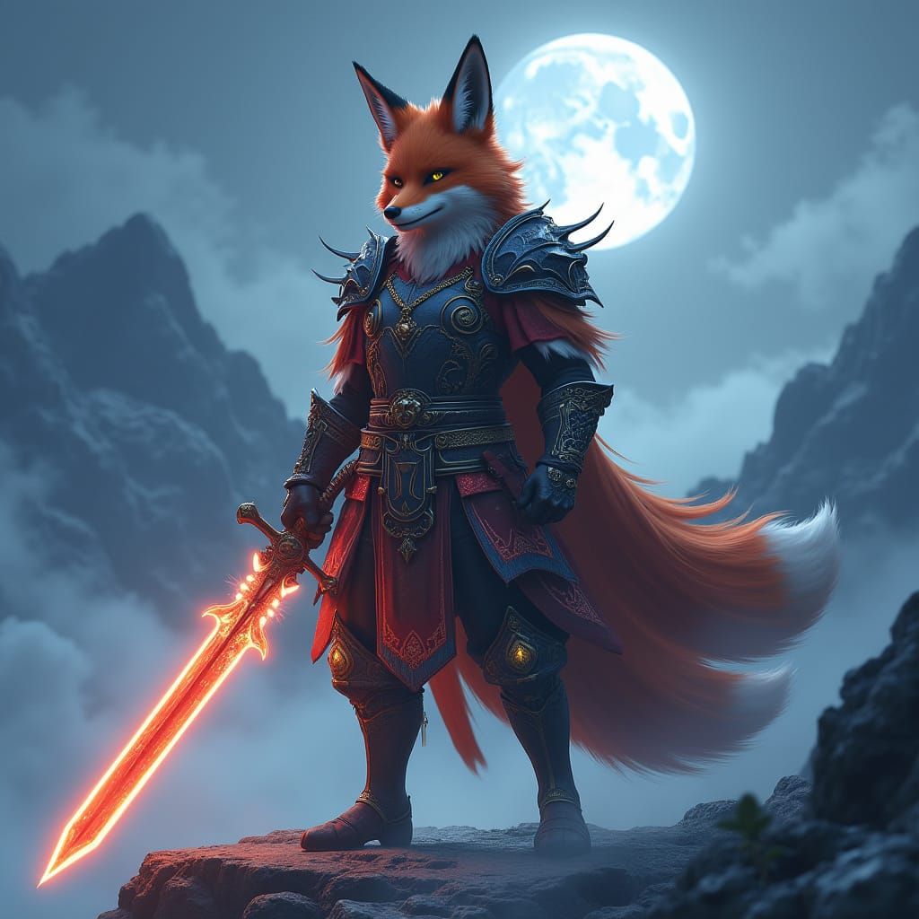 Ornate Fox War Chieftain in Moonlit Mountains