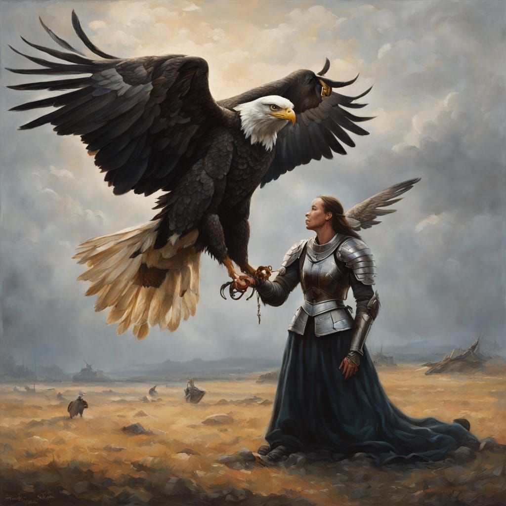 Eagle Tended by Medieval Warrior in Moody Oil Painting