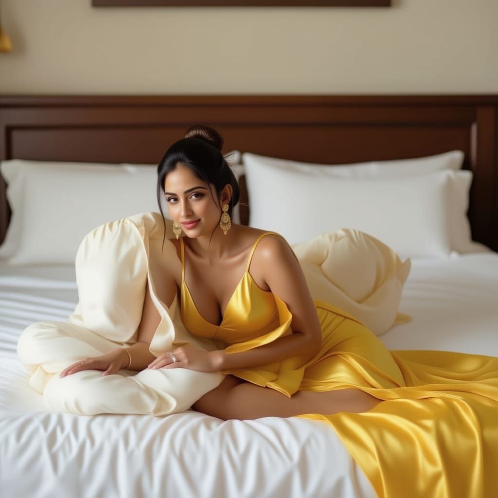 Indian Woman in Yellow Silk Outfit with Serious Expression