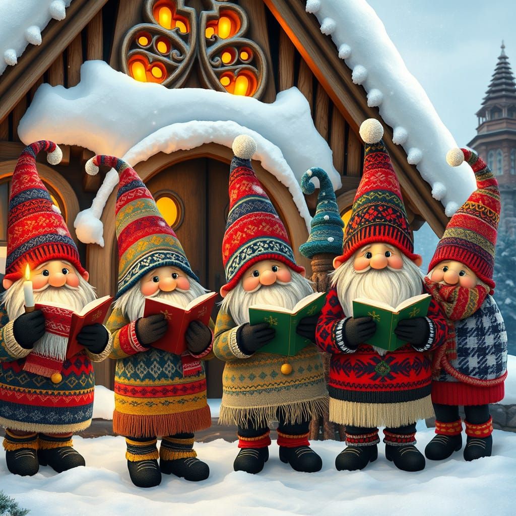 Jovial Scandinavian Gnomes Carol Outside a Snowy Stave Churc...