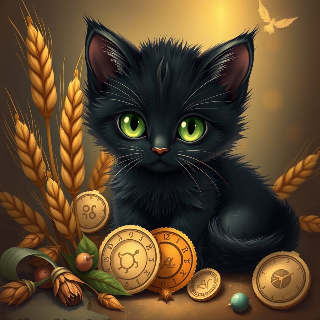 Mystical Black Kitten Amidst Whimsical Virgo Symbols
