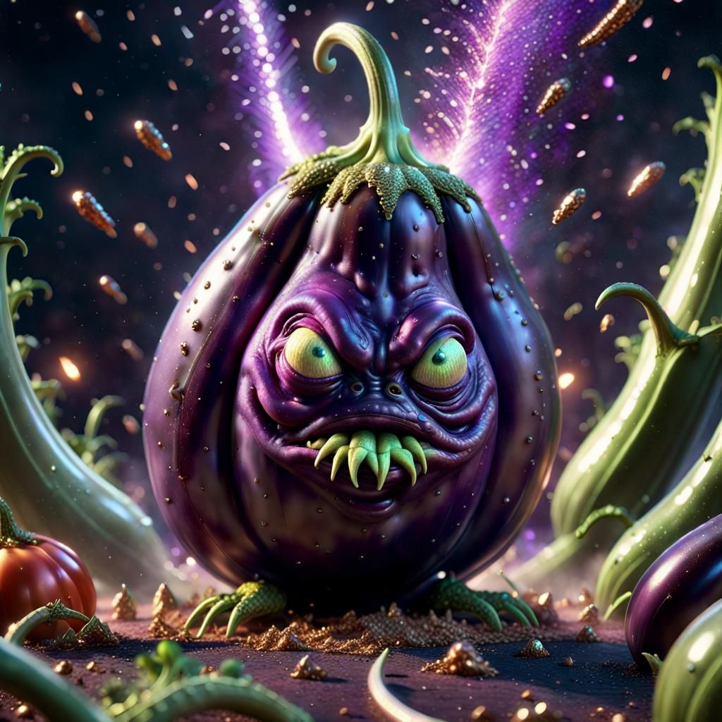 Angry Alien Eggplant in Surreal Digital Art