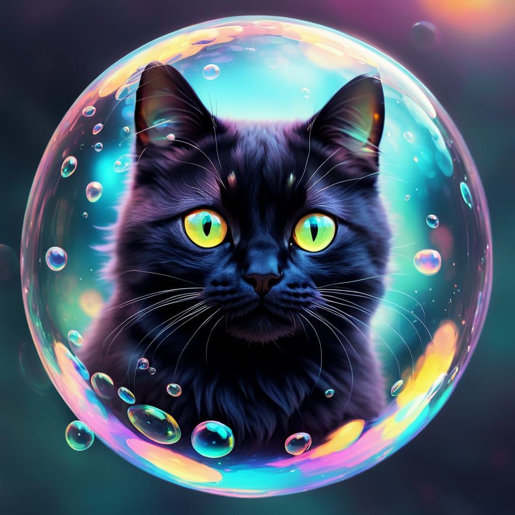 Black Cat in Bubble: Whimsical Digital Art