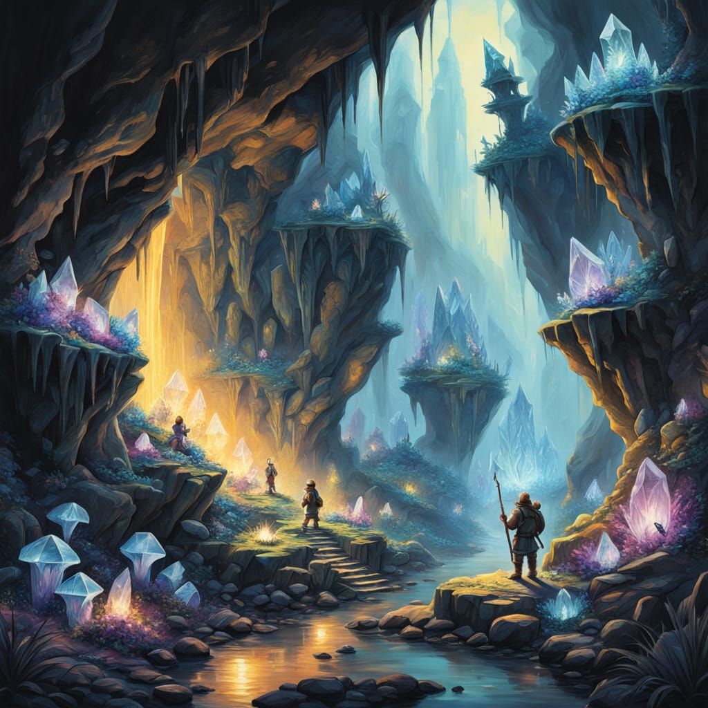 Trolls Guarding Crystal Cave in Gouache Fantasy Style