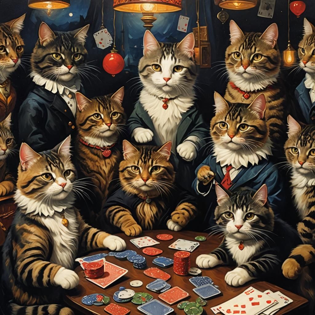 cats playing cards at night, oil painting