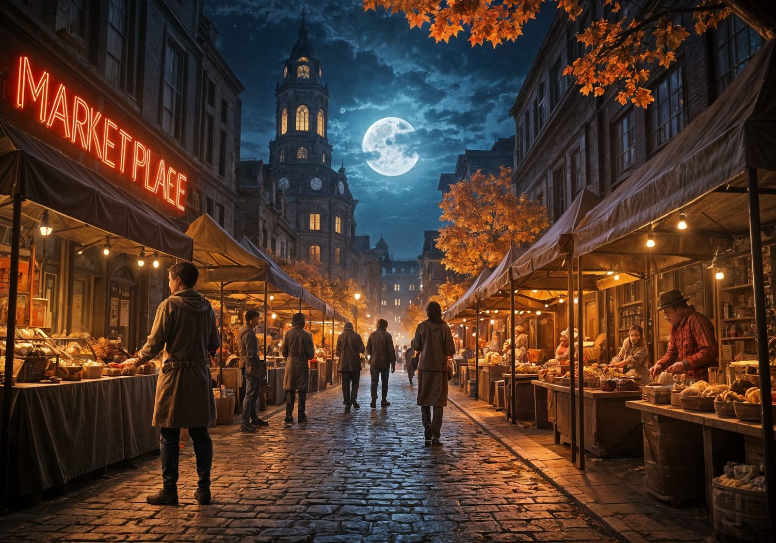 Vendors in a Futuristic Autumn Night Market
