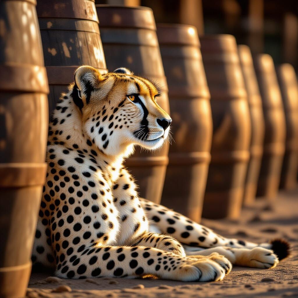 Photorealistic Cheetah Emerges From Barrels in Warm Sunlight