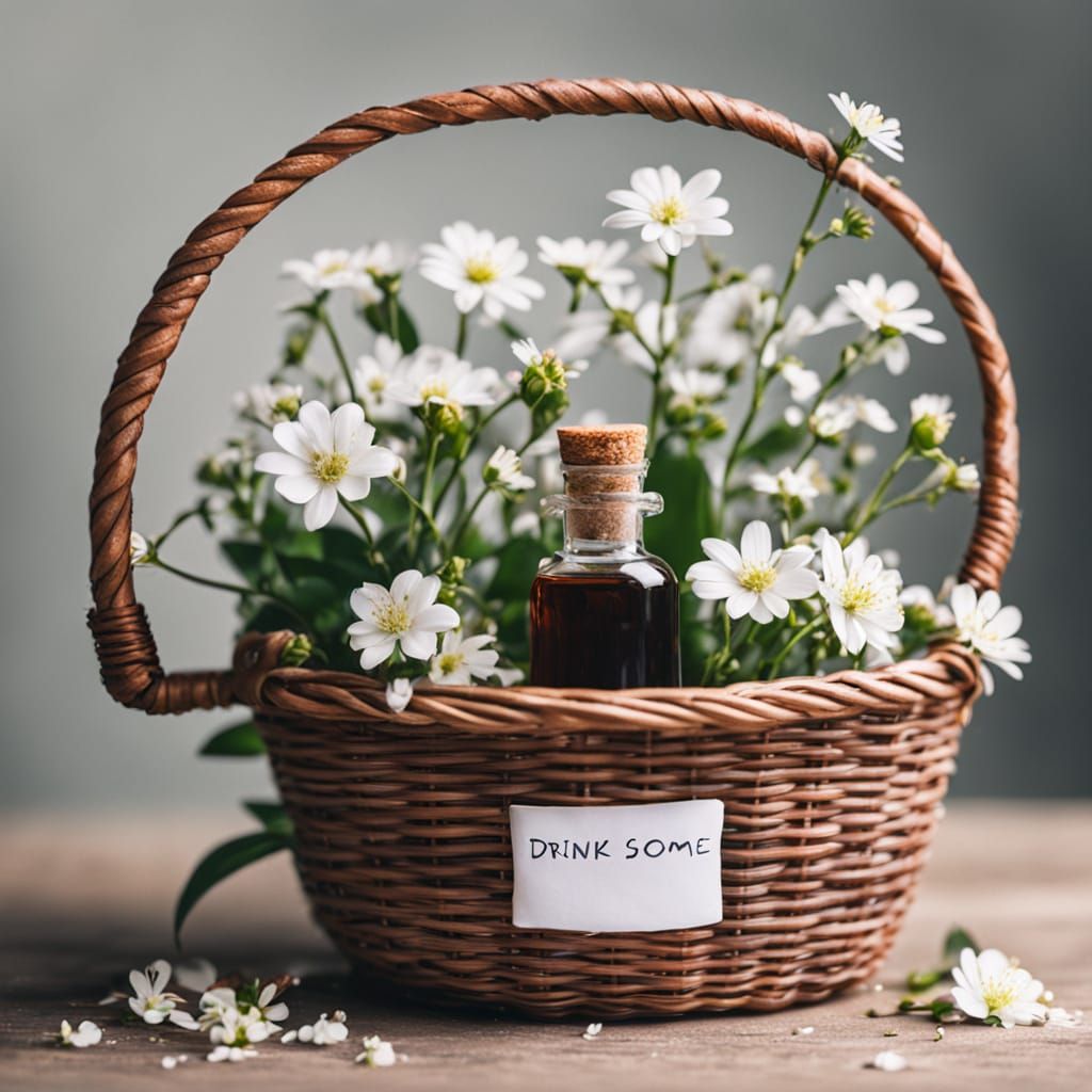 Macro Photo of Potion Bottle Among White Blossoms