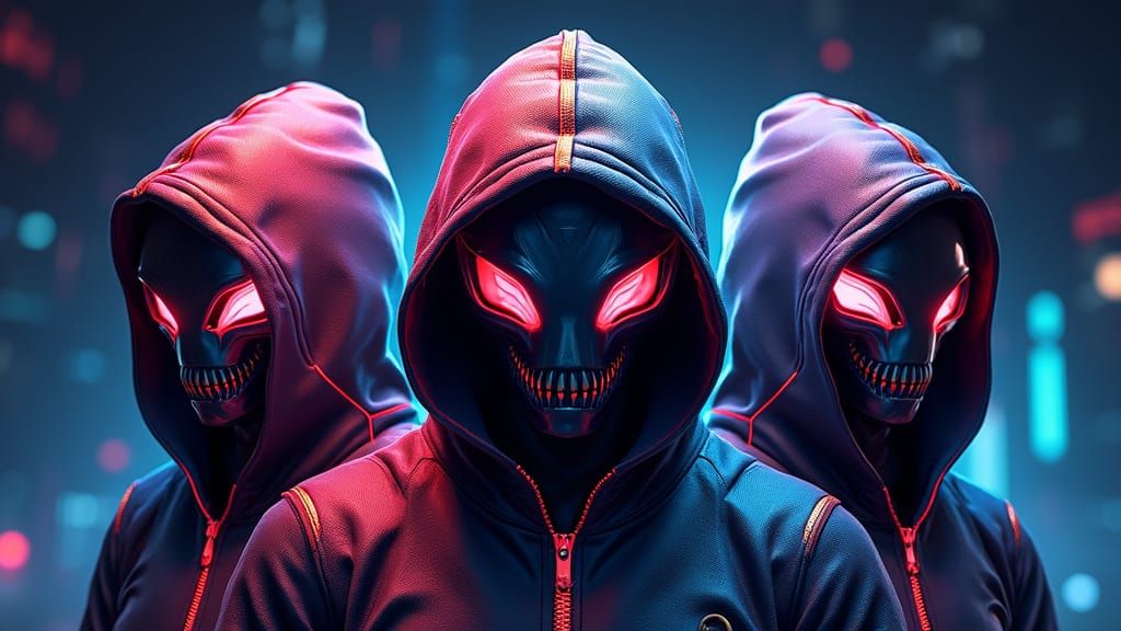 Ethereal Futuristic Logo with Alien Faces and Neon Hues