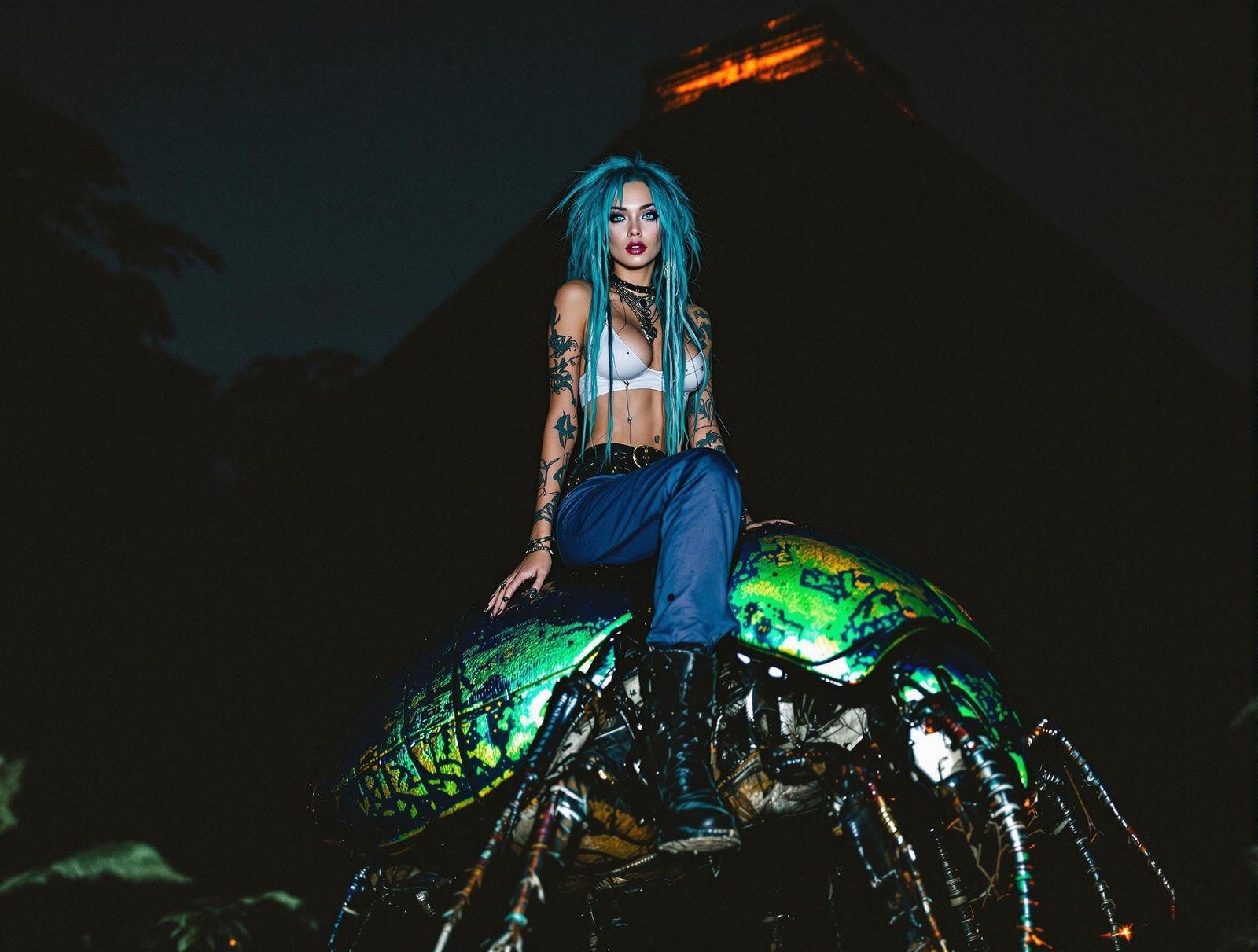 Woman Rides Iridescent Beetle Through Jungle