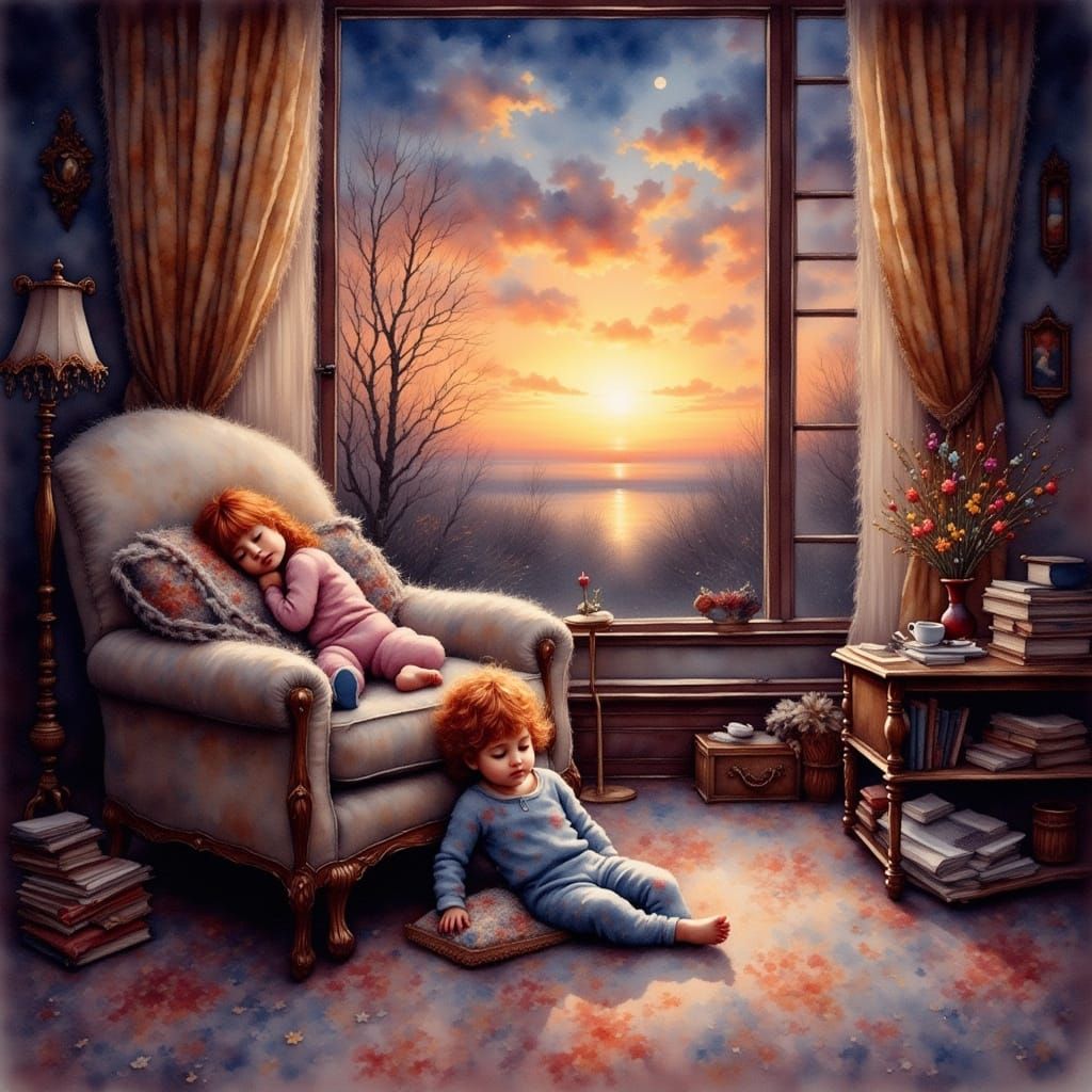 Cozy Winter Night Scene with Child and Dog in Warm Light