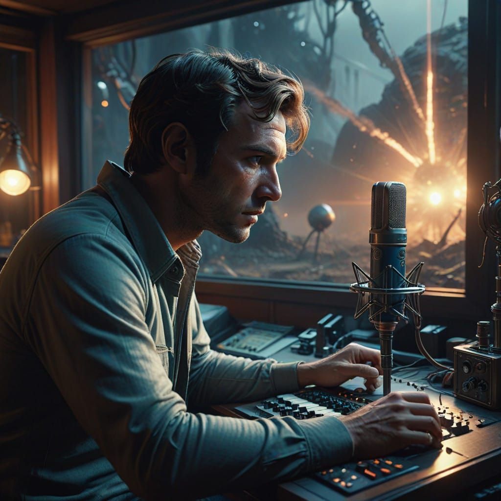 Narrator in Vintage Audio Recording Studio with Holographic....