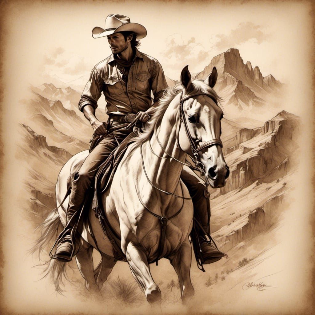 Cowboy on Horseback: Parchment Paper Sketch