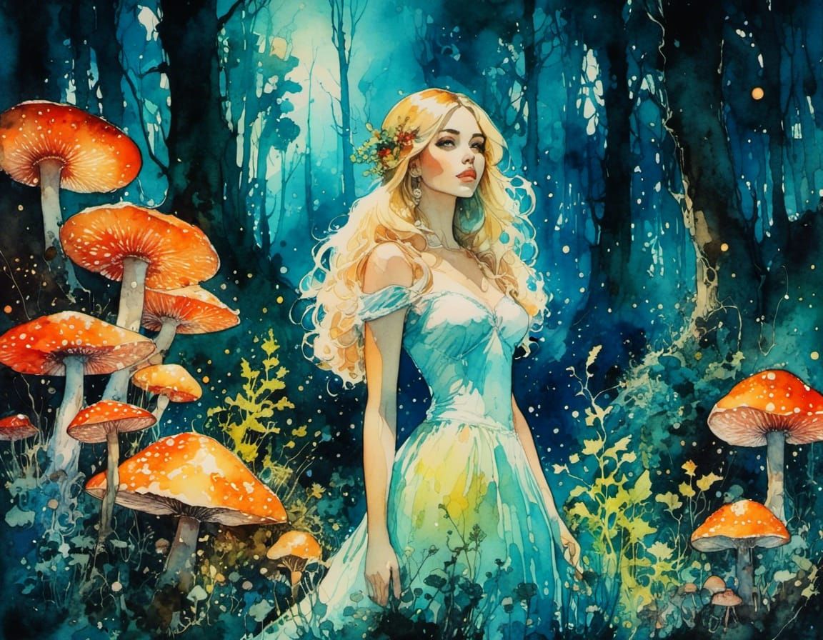 Woman in Bioluminescent Forest: Watercolor Ink Painting