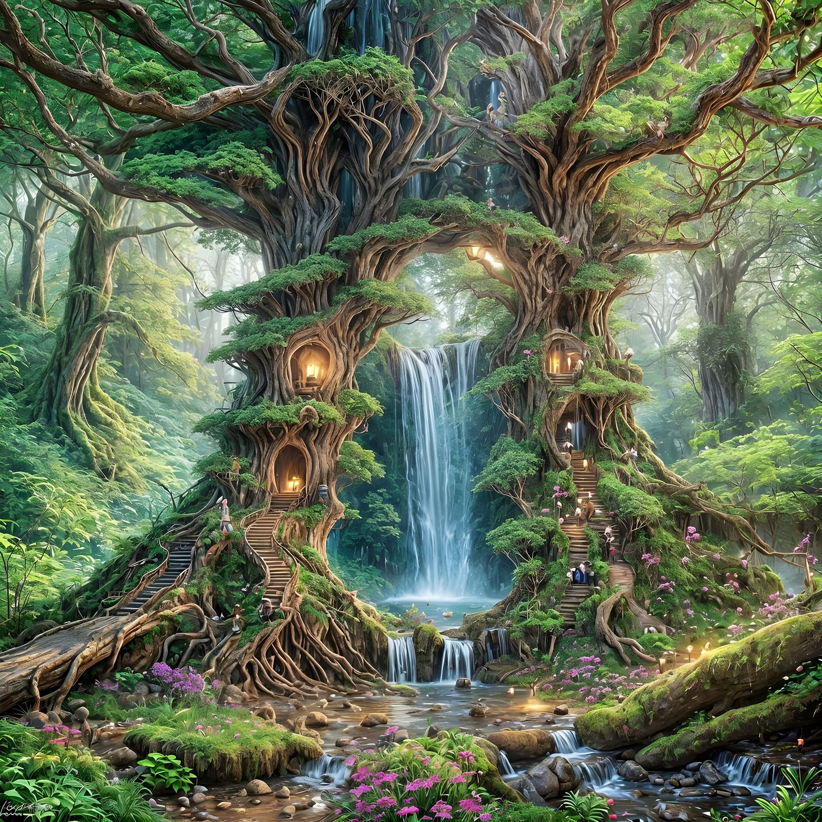 Enchanted Fairy Wonderland Waterfall Inside Tree Trunk