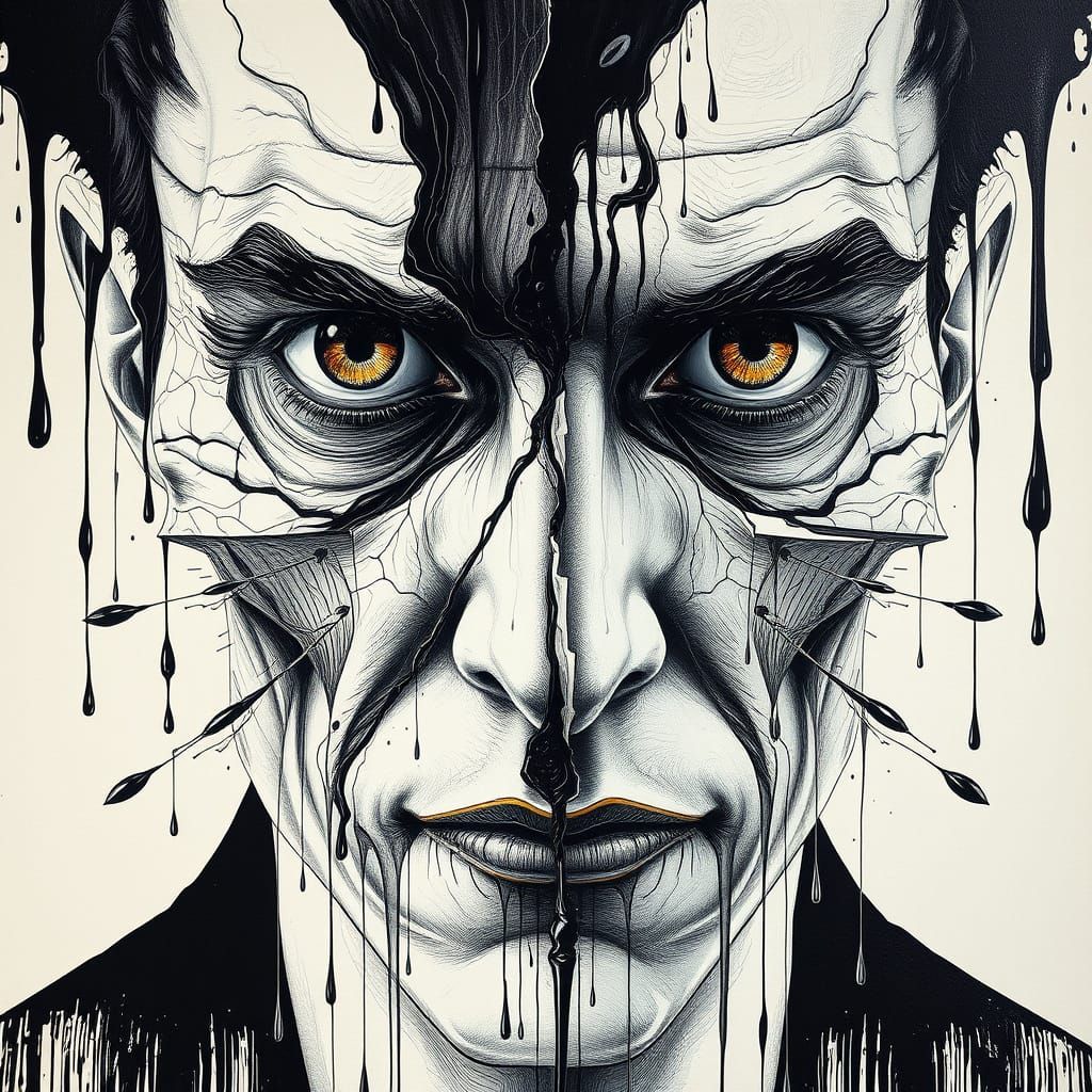 Surreal Portrait in Glossy Ink Drawing Style