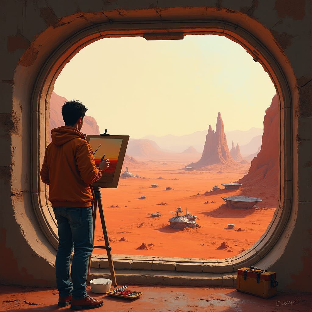 Artist Paints Mars Landscape in Impressionist Retro-Futurist...