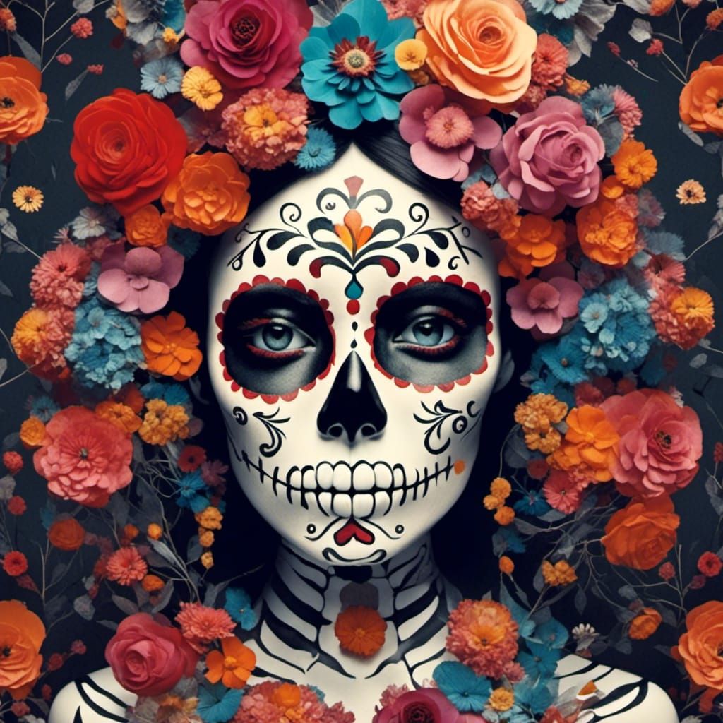 <lora:DDM 1:1.0> La Catrina  in  a sugar skull garden