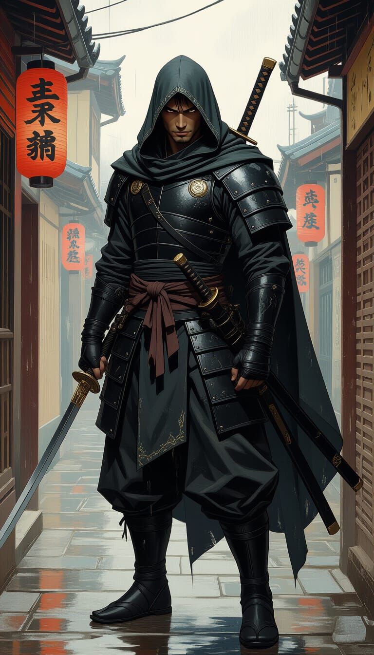 Ninja Rogue in Alley: Art Nouveau Fantasy