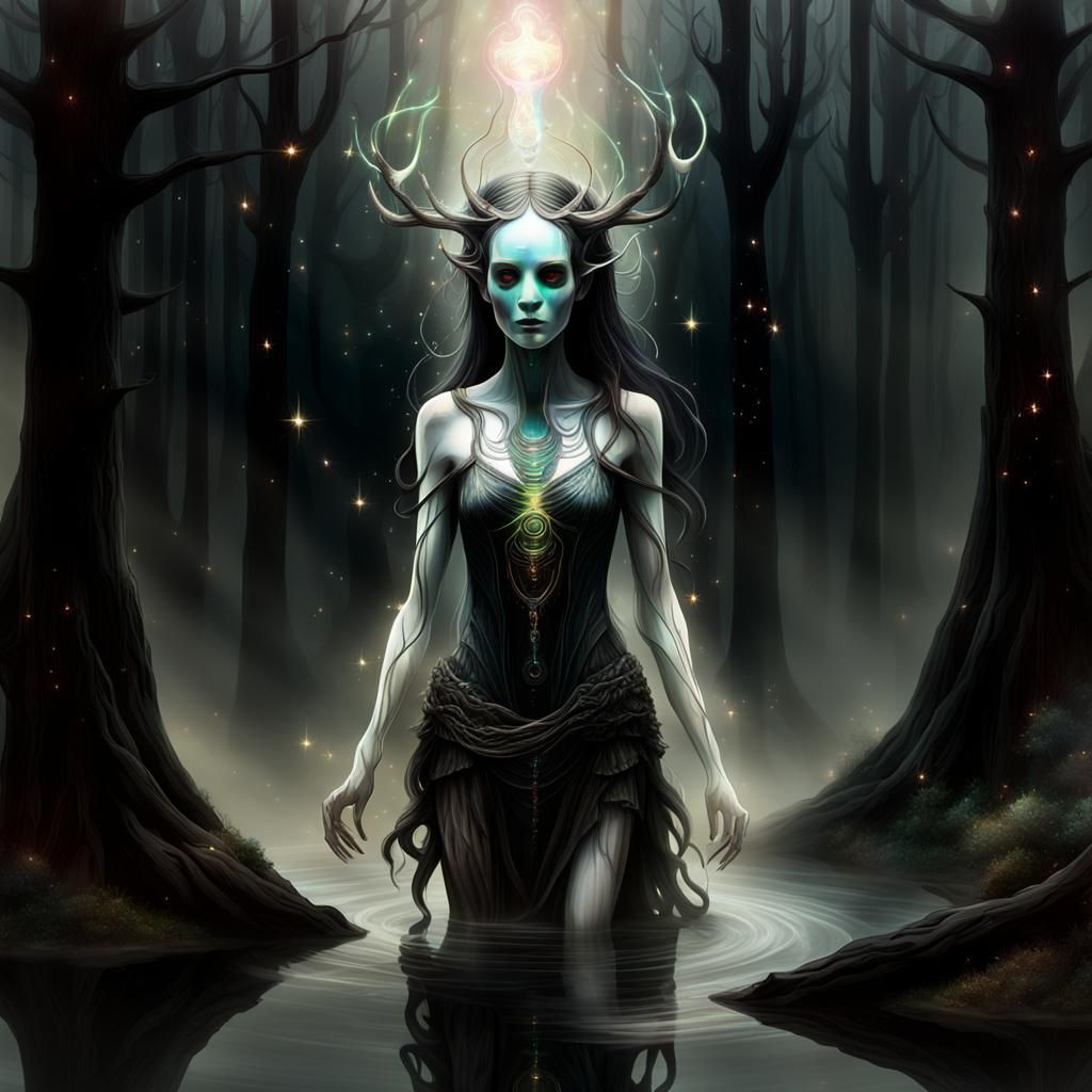 A Lonely Figure Drank from a Glowing Cup Amidst Swirling Mis...