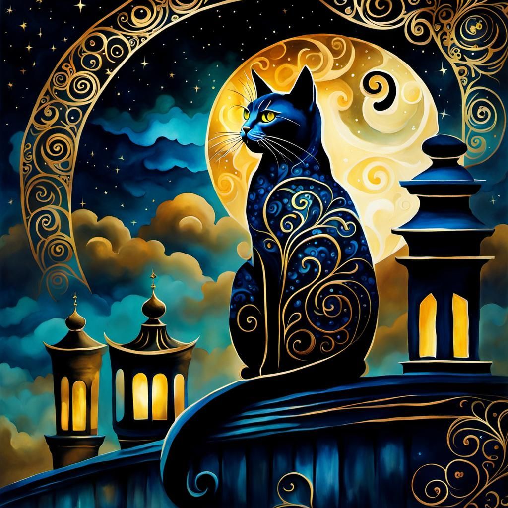 Cat on Rooftop at Night in Watercolor Style