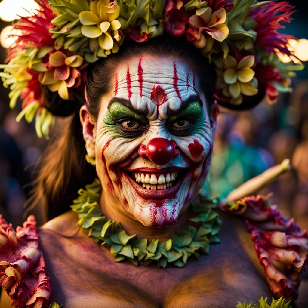 Zombie Monkey Clown Woman at Luau, Hyperrealistic Portrait