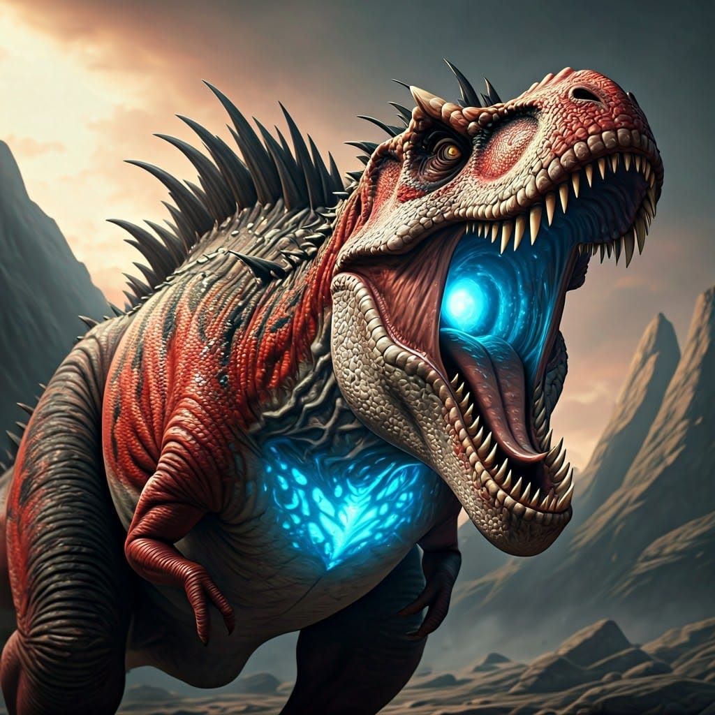 Mutated T-Rex Roaring in Rocky Environment