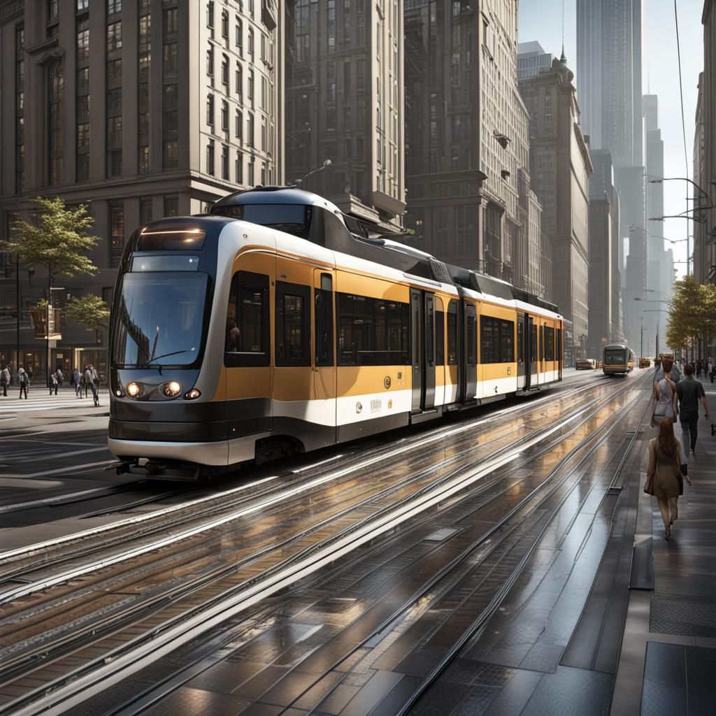 Hyperrealistic Urban Street with Skyscrapers and Trams