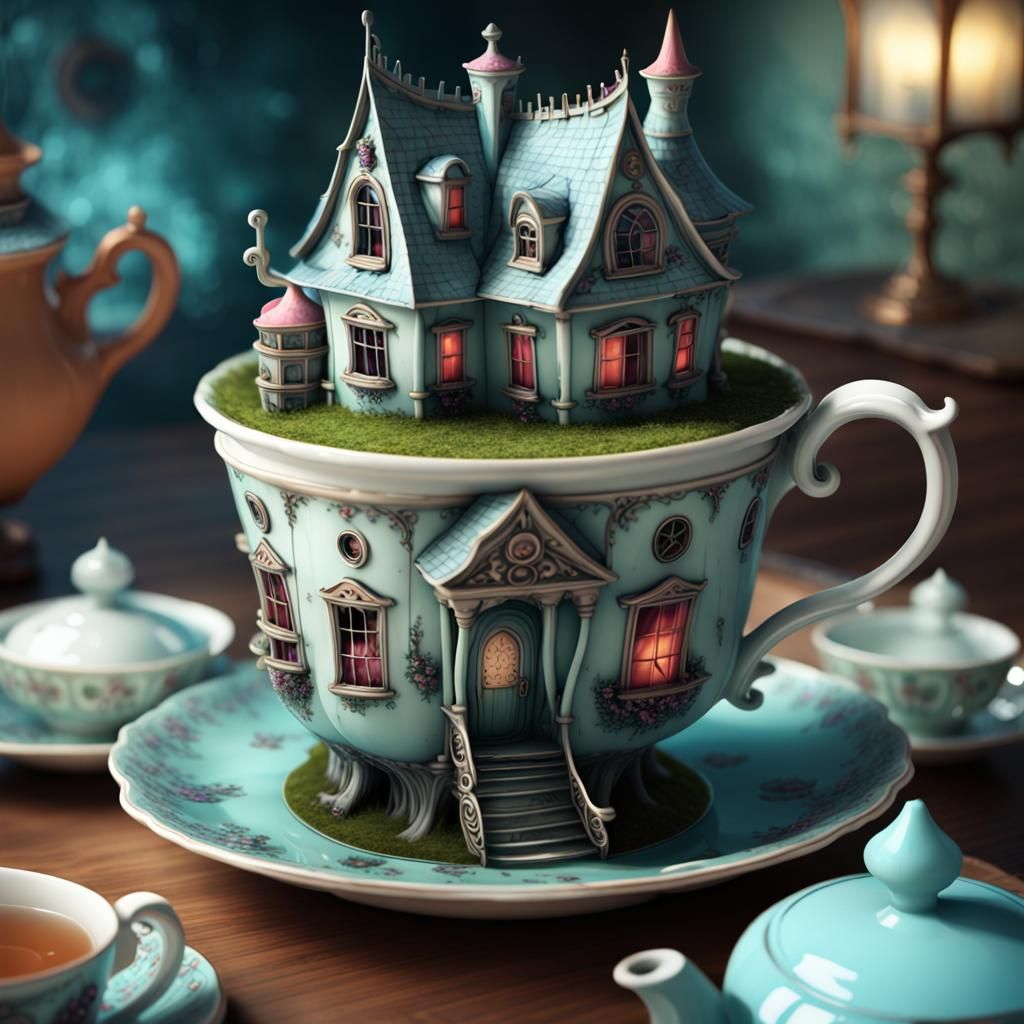 Haunted House Teacup: Surreal 3D Render