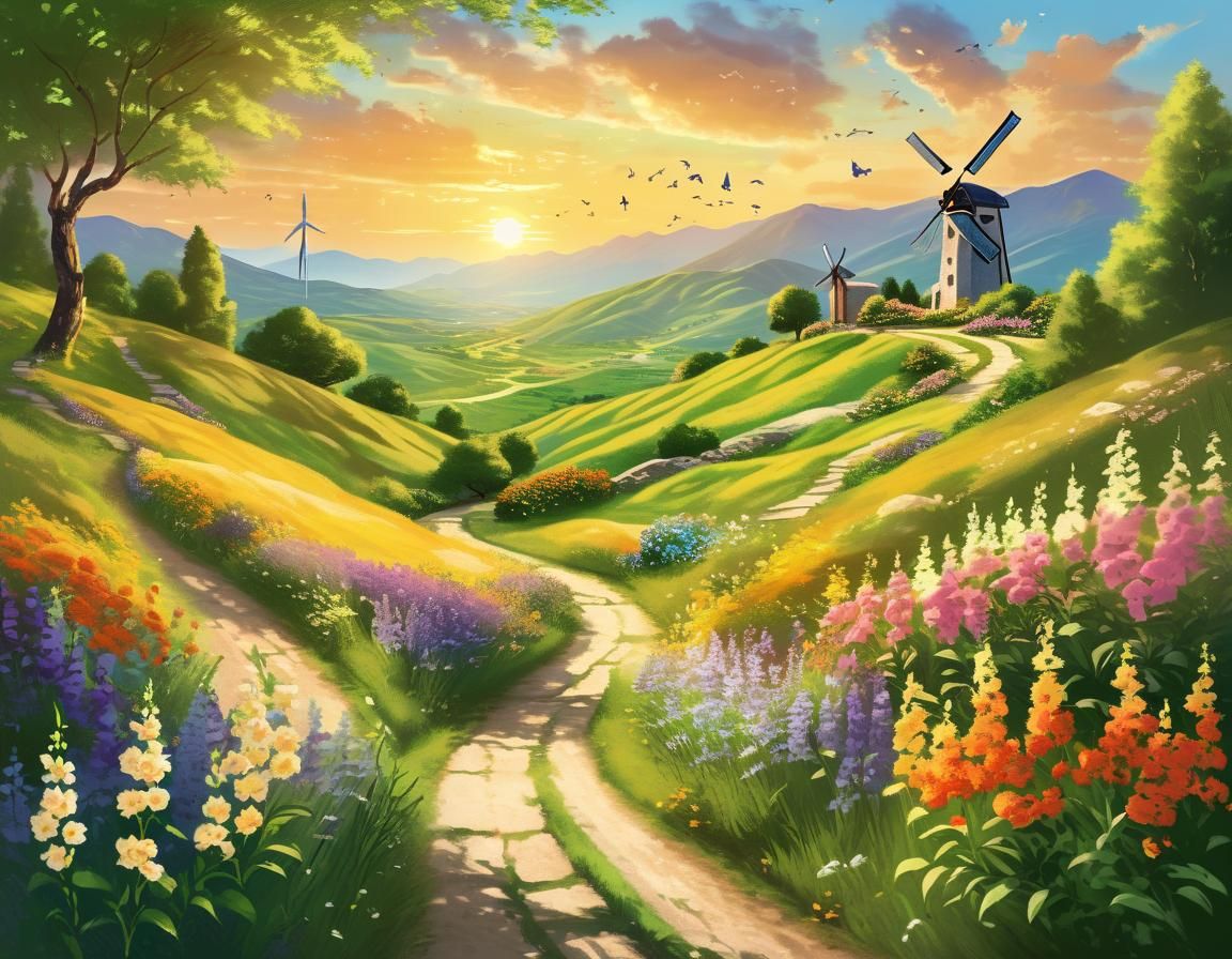 Scenic Mountain Path at Sunset in Gouache Style