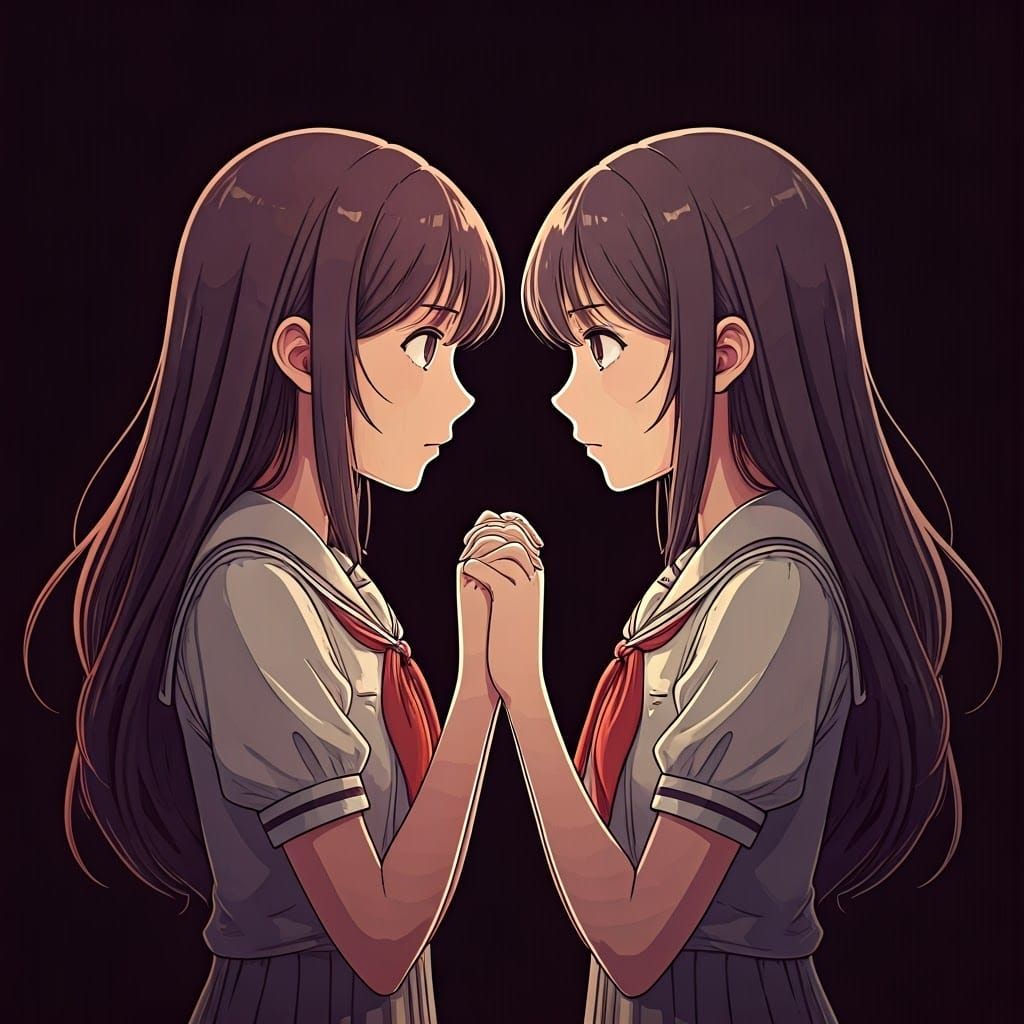 Anime Twin Sisters Holding Hands in Manga Style