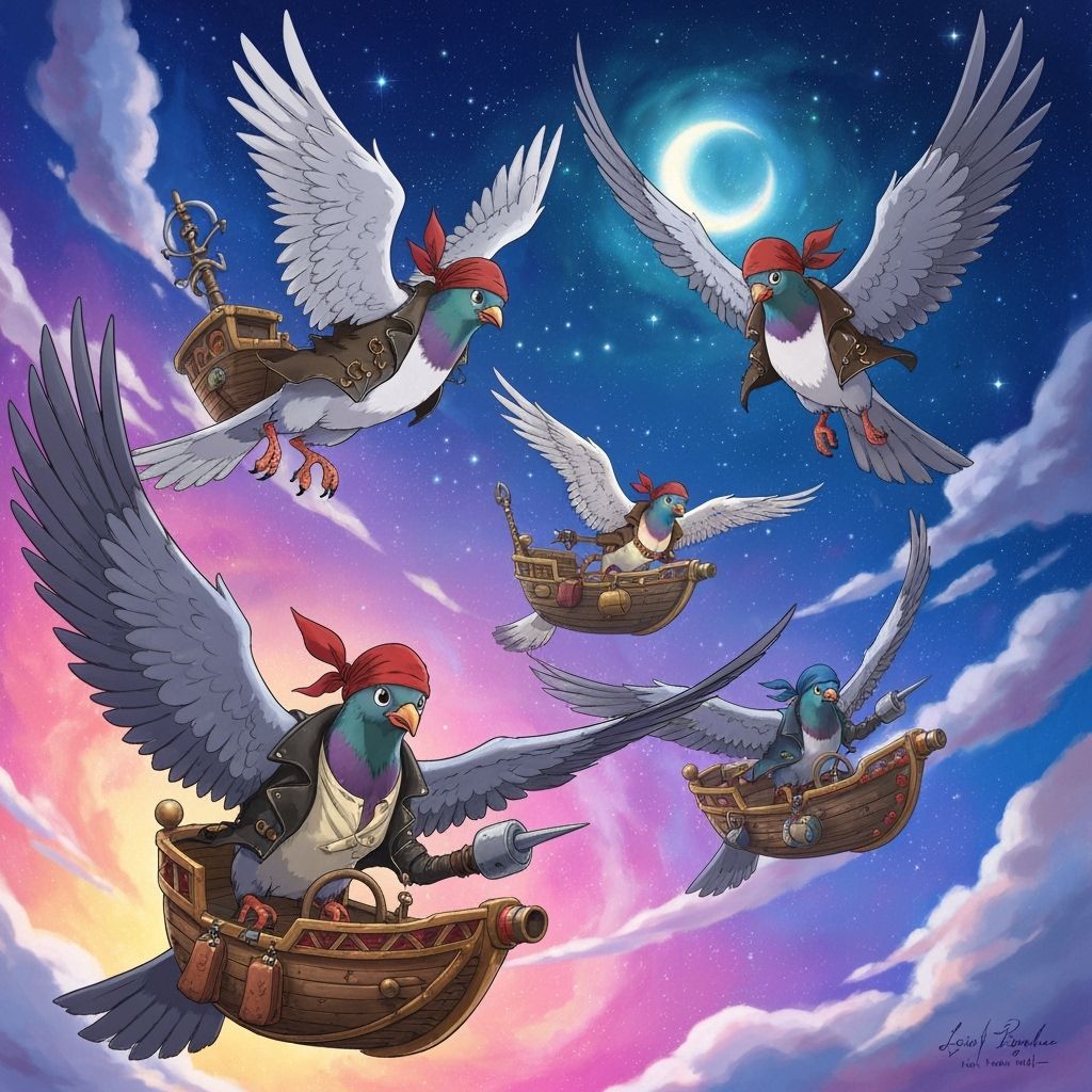 Magic Pigeon Pirates Soaring in Whimsical Sky