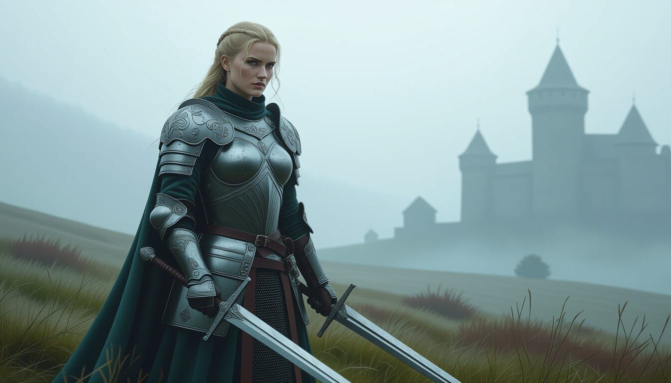 Medieval Knight in Misty Landscape, Digital Painting