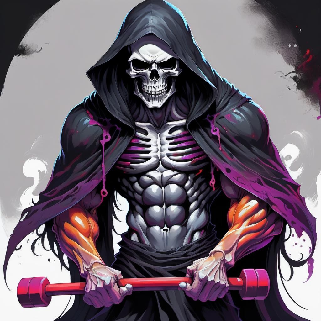 Anime Grim Reaper Lifting Weights, Hyperrealistic Painting